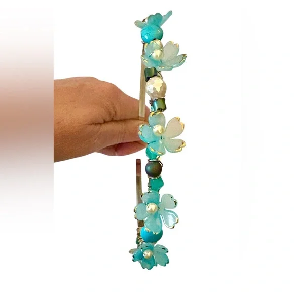 Fairy Headband with Lucite Flowers, Turquoise, Hematite and Glass Pearls - Picture 3 of 8